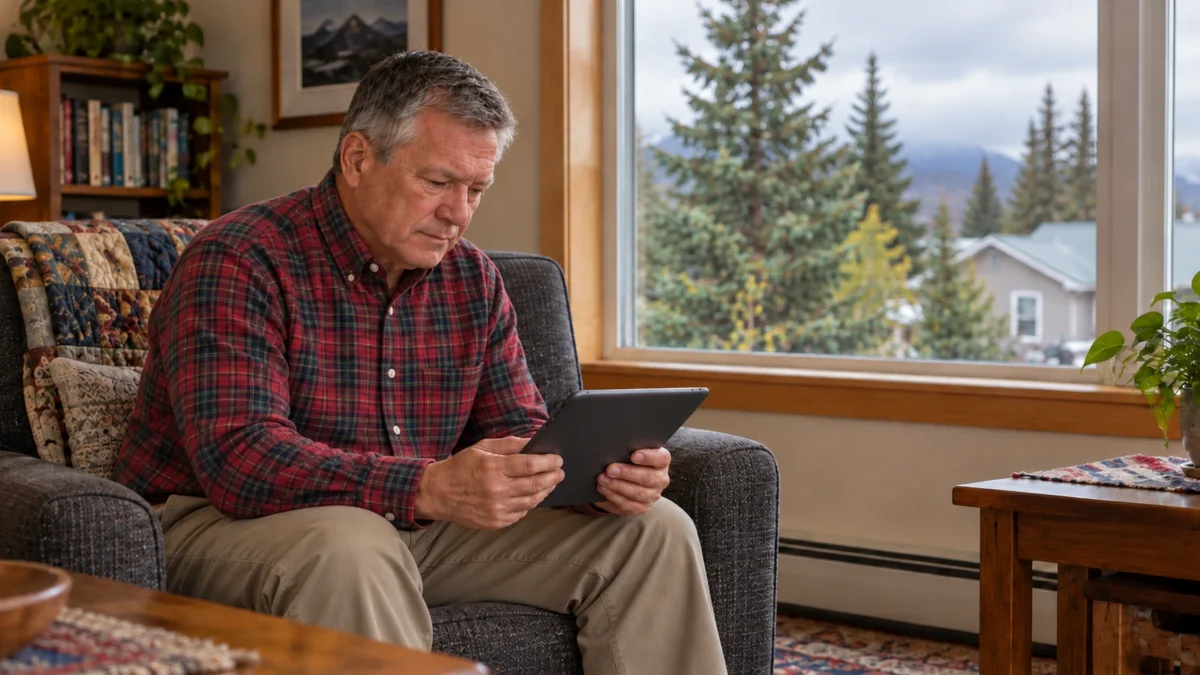 Man reviewing a tablet in an armchair in a home living room, with spruce trees outside the window.