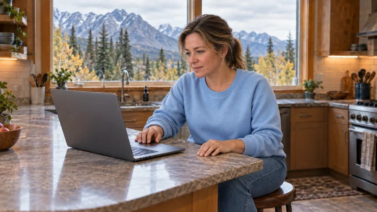 Woman reviewing a laptop in a kitchen overlooking spruce trees and mountains.
