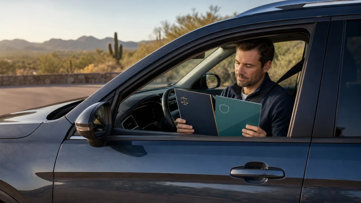 Parked Arizona driver comparing court and insurance folders at a desert overlook