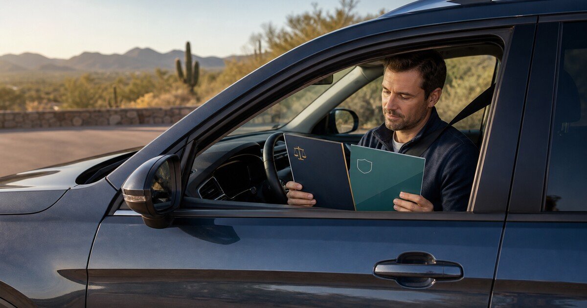Parked Arizona driver comparing court and insurance folders at a desert overlook