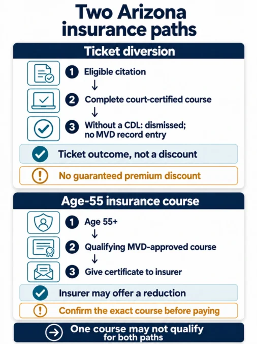 Two Arizona paths: eligible ticket diversion gives the non-CDL dismissal and no-MVD-record result; a qualifying age-55 course may earn an insurer-offered reduction