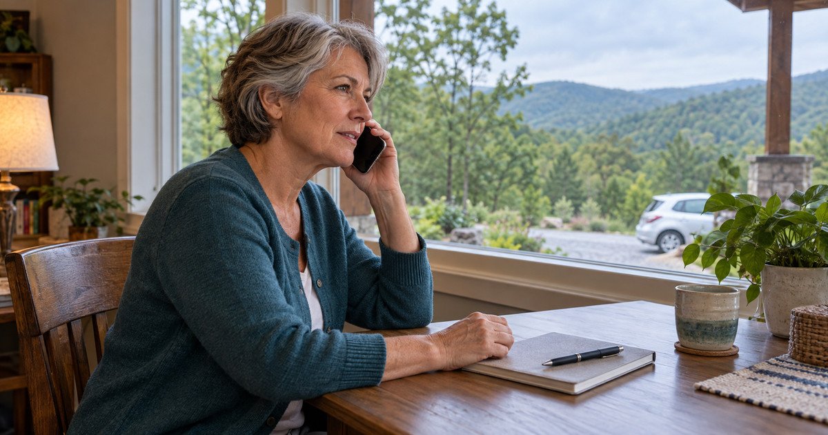 Older woman speaking by phone beside a notebook, with wooded hills and a parked white car outside the window.