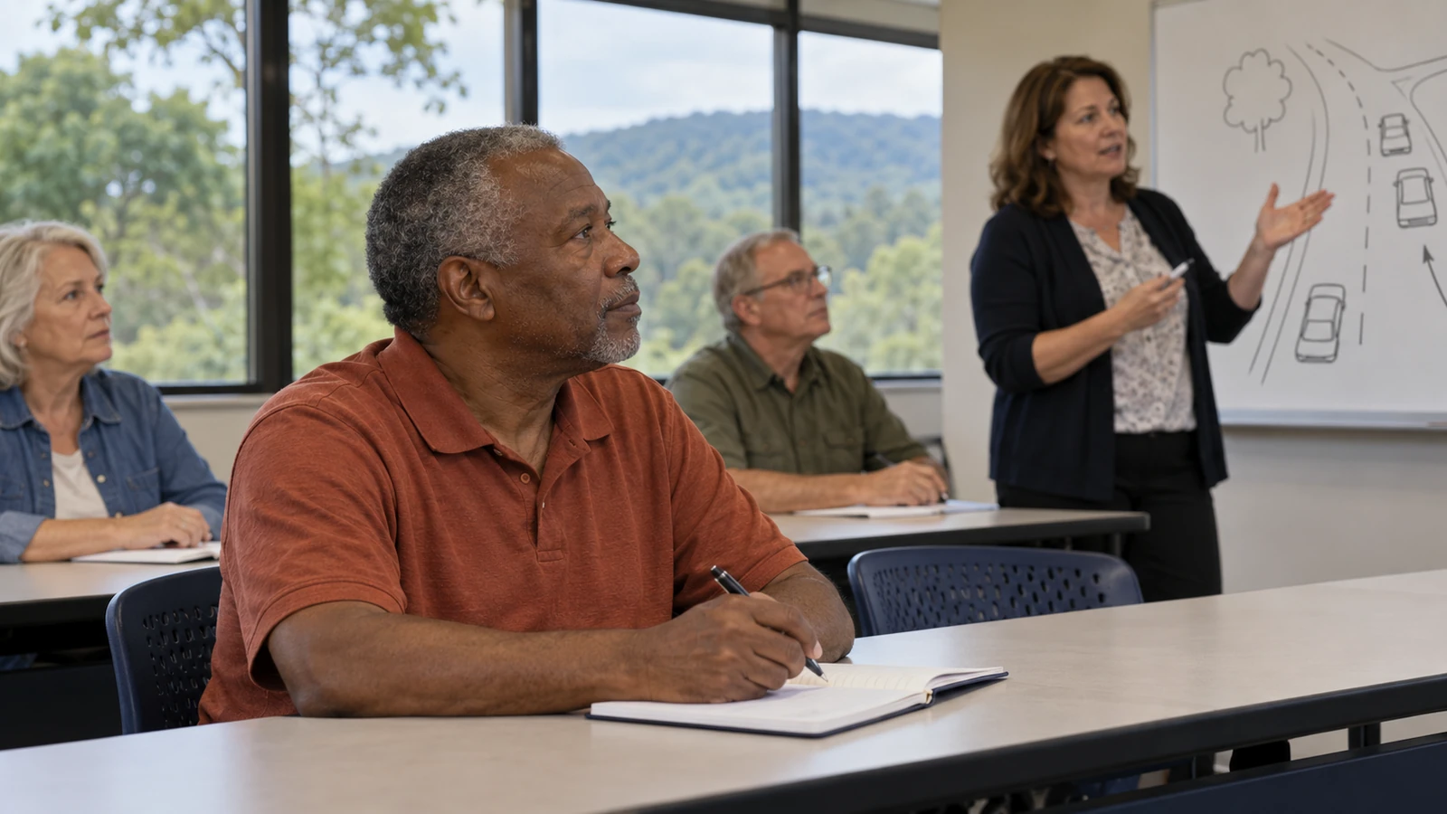 Older man holding a pen over a notebook while listening to a driving-class instructor.