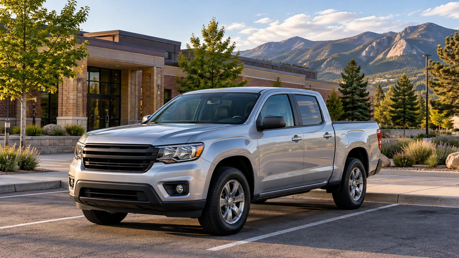 Silver pickup parked outside a brick civic building with Colorado-style foothills behind it.