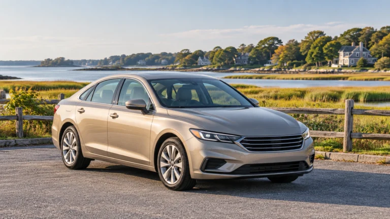 Champagne-gold sedan parked beside a wooden fence overlooking a coastal marsh and distant houses.