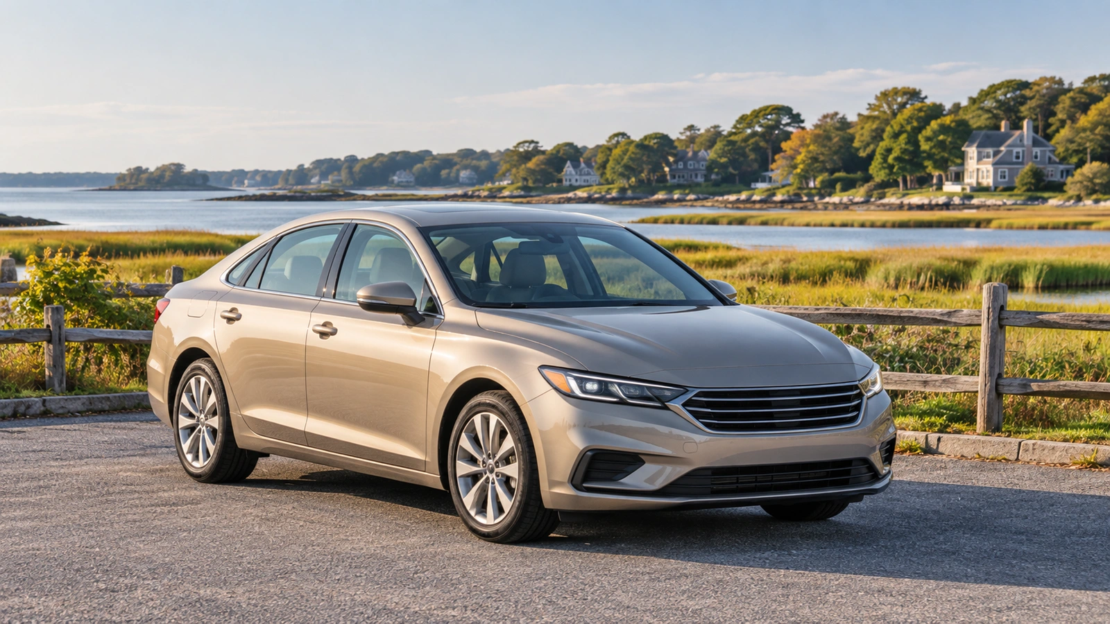 Champagne-gold sedan parked beside a wooden fence overlooking a coastal marsh and distant houses.