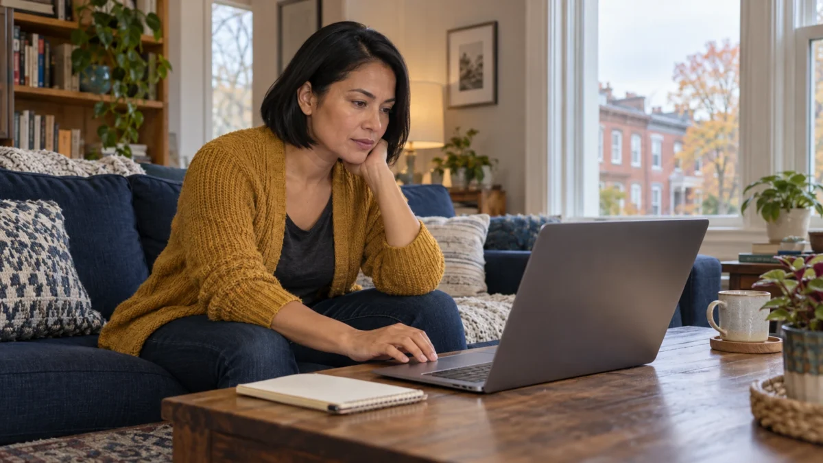 Woman reviewing options on a laptop while seated on a sofa at home.