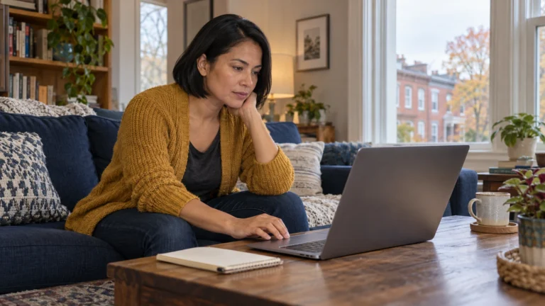 Woman reviewing options on a laptop while seated on a sofa at home.