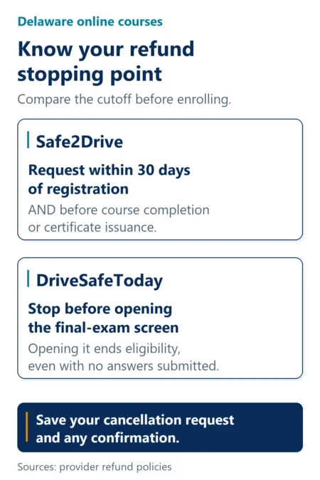 Safe2Drive requires a refund request within 30 days of registration and before course completion or certificate issuance. DriveSafeToday ends refund eligibility when you open the final-exam screen, even without submitting answers. Save cancellation proof.
