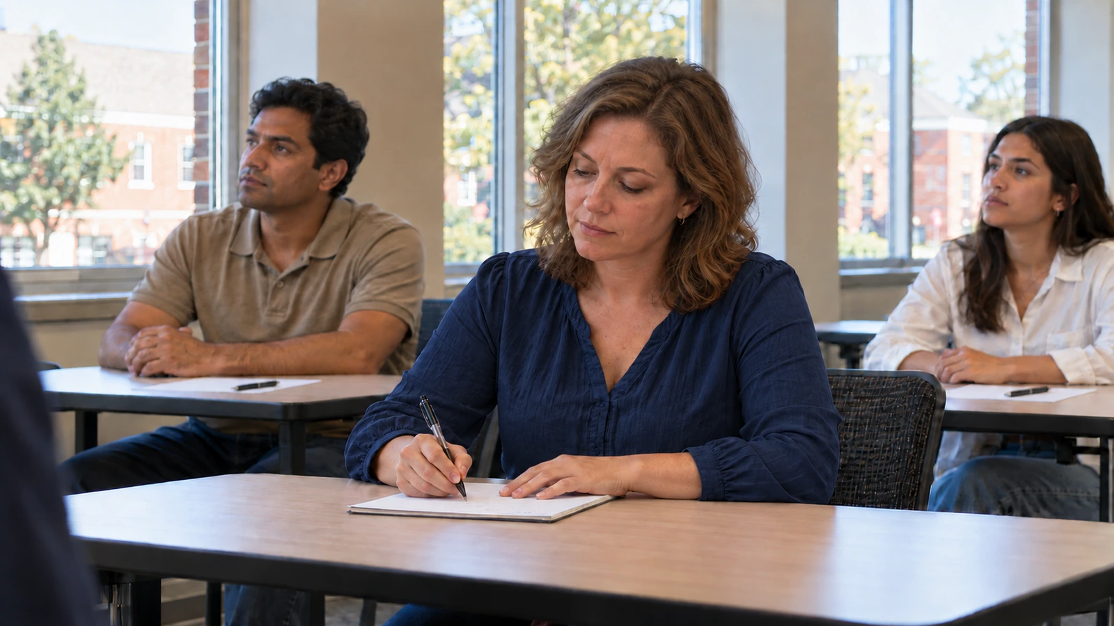 Adults listening during a classroom course, with notebooks on their tables.
