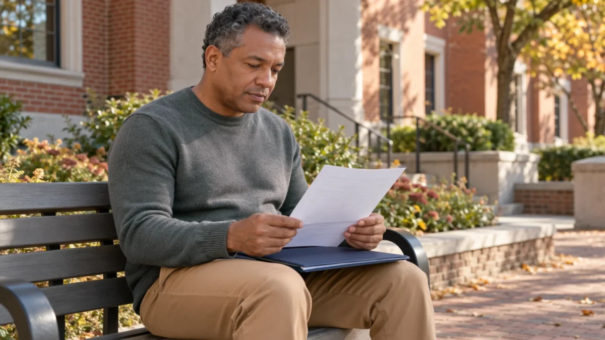 Man reviewing paperwork on a folder while seated on a courtyard bench.