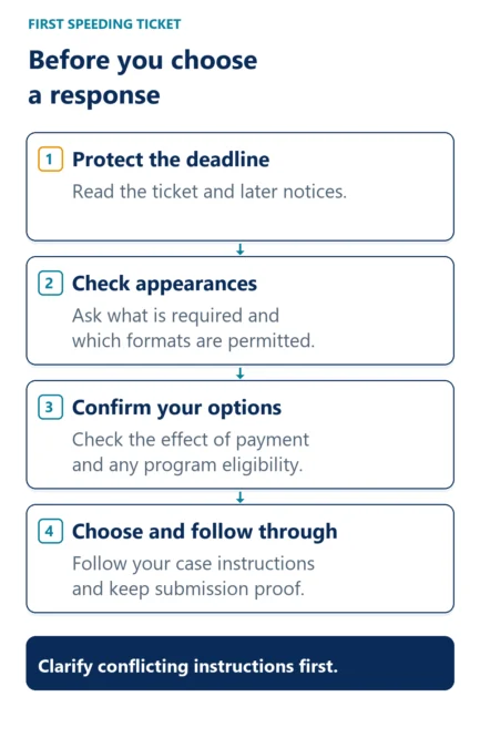 Read the ticket and notices, check appearance requirements, confirm payment effects and program eligibility, then follow the chosen response instructions and keep proof. Clarify conflicting instructions first.
