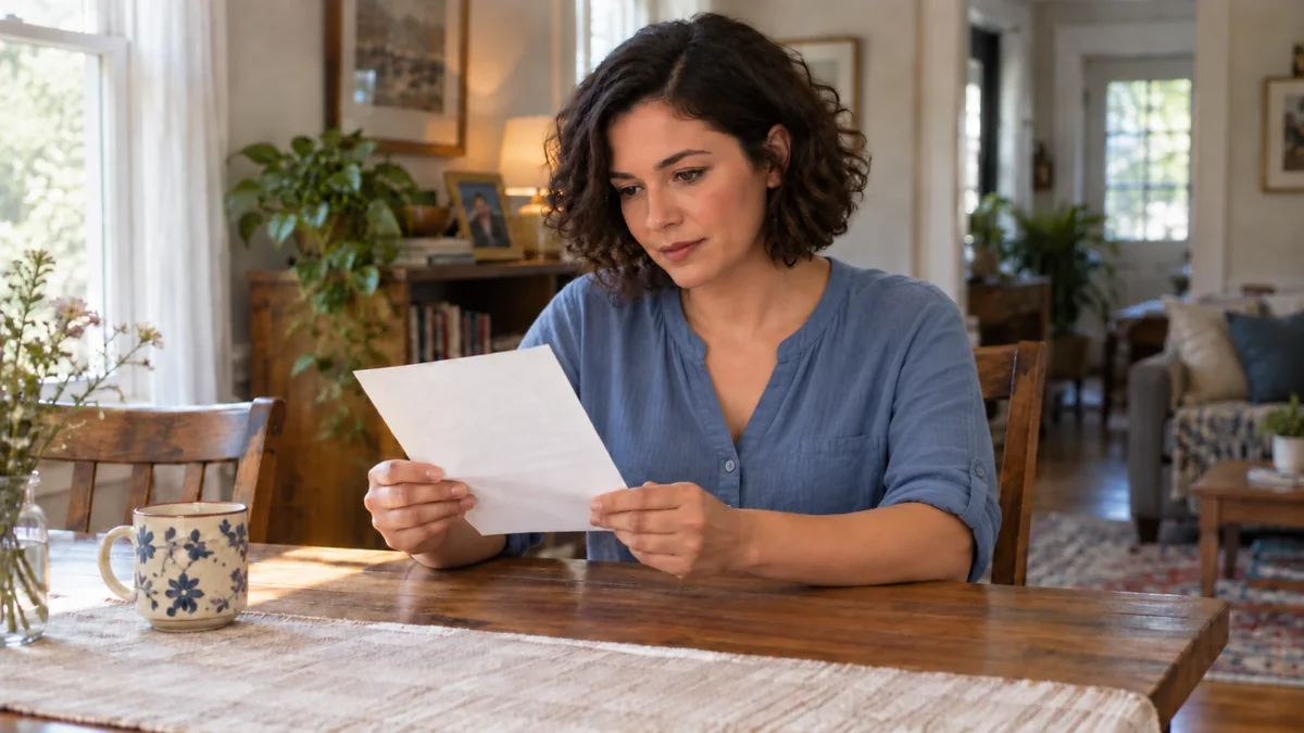 Woman reading a paper at a dining table beside a floral cup.