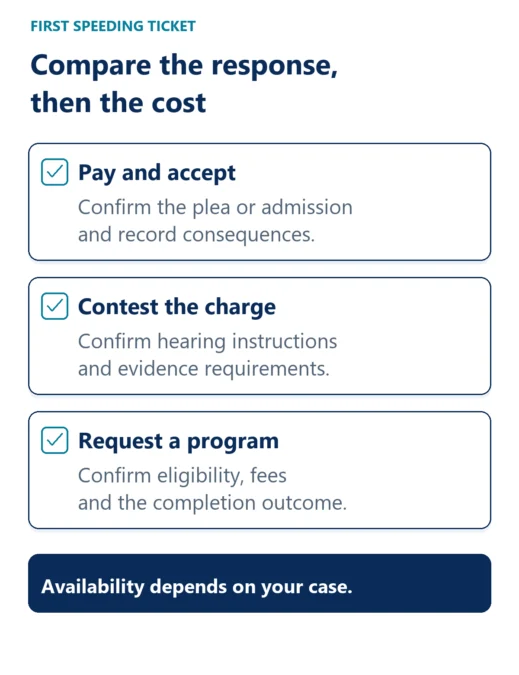 Before paying, confirm the plea and record effects; before contesting, confirm hearing and evidence instructions; before requesting a program, confirm eligibility, fees and completion outcome. Availability depends on the case.
