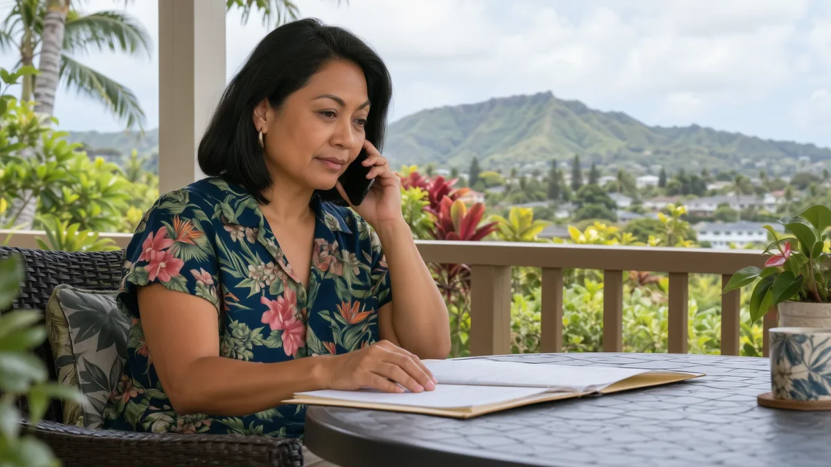 Woman making a phone call while checking paperwork on a shaded lanai.