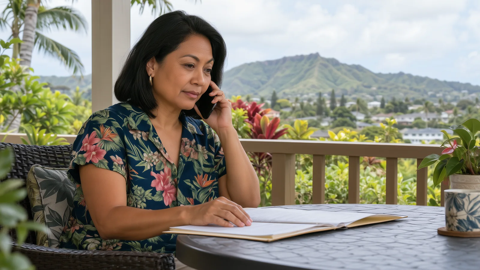 Woman making a phone call while checking paperwork on a shaded lanai.