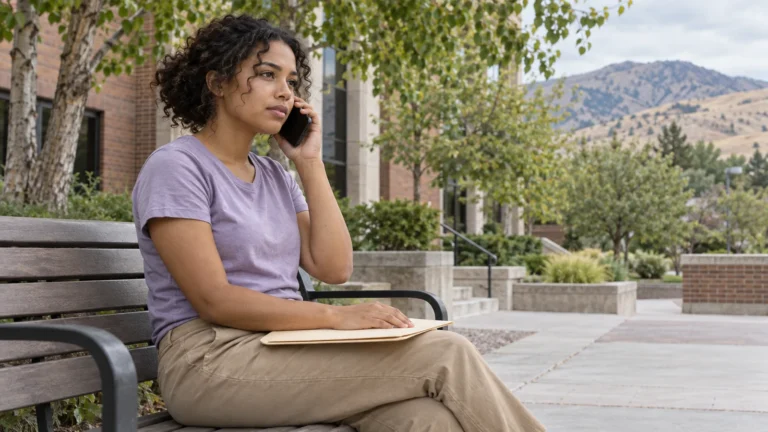 Young woman making a phone call with a folder on her lap in a quiet courtyard.