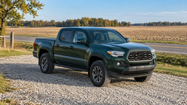 Forest-green pickup parked beside a quiet Indiana road and farm fields.