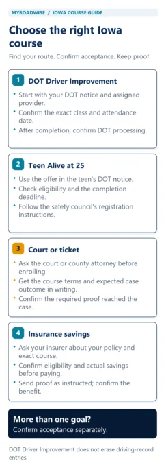 Four Iowa course routes: follow the DOT notice and assigned provider for Driver Improvement; use the teen’s DOT notice for Alive at 25; ask the court or county attorney about case terms; ask the insurer about course eligibility and savings. Confirm each acceptance separately and follow through with proof.