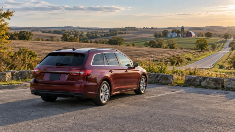 Burgundy station wagon parked at a paved turnout overlooking rolling farmland and distant farm buildings.