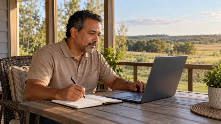 Man using a laptop and taking notes on a porch overlooking grassland.