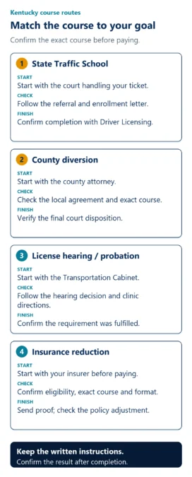 State Traffic School starts with the court; county diversion with the county attorney; license hearings with the Transportation Cabinet; insurance reductions with the insurer. Follow each program’s instructions and confirm the result after completion.