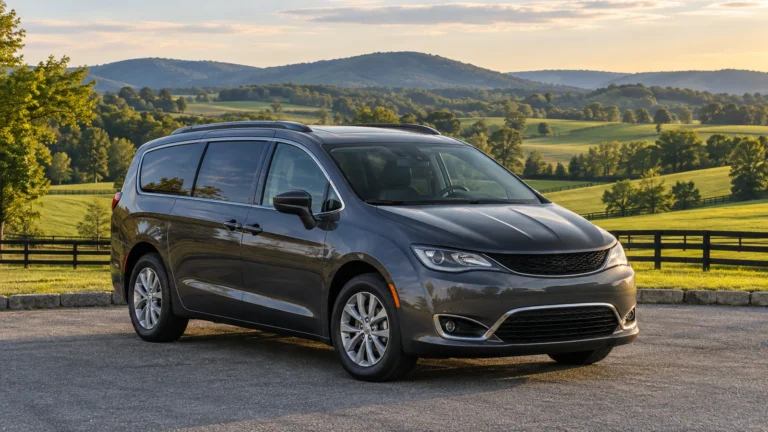 Charcoal minivan parked beside rolling green pastures and dark fences in Kentucky countryside.