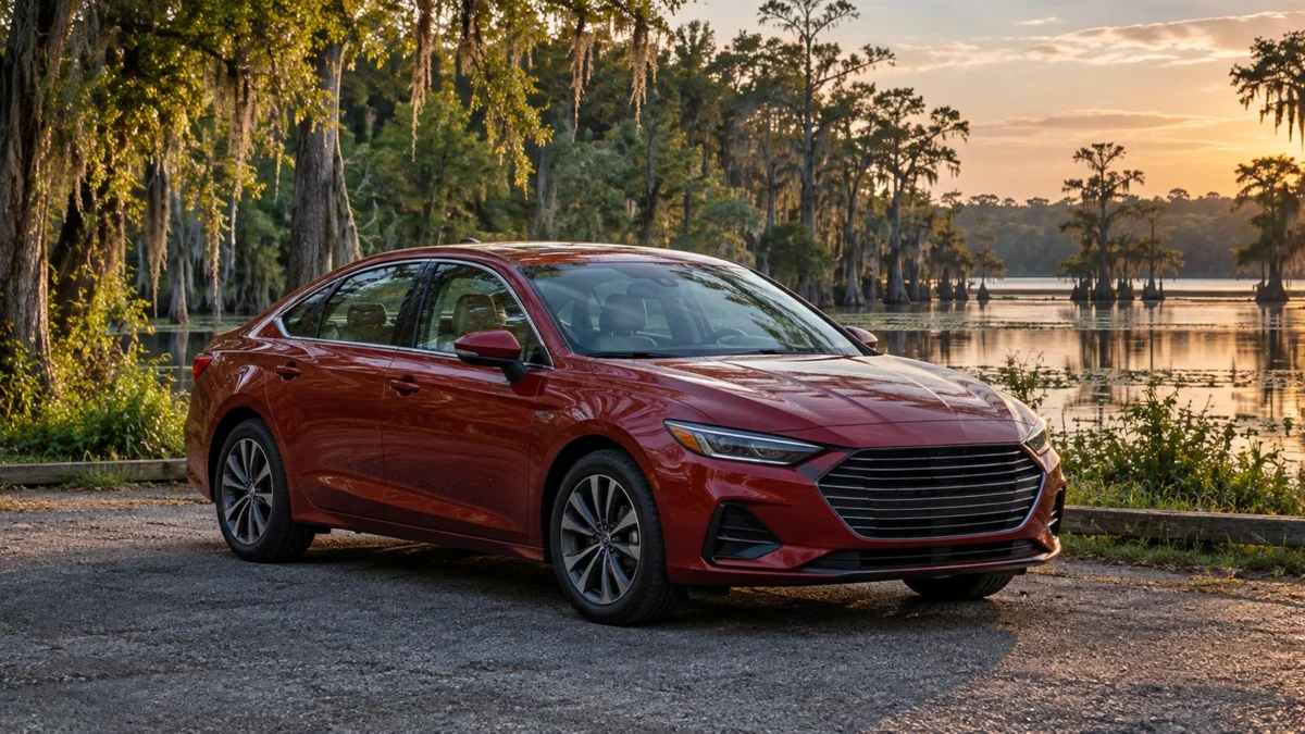 Red sedan parked beside a quiet bayou with cypress trees and Spanish moss