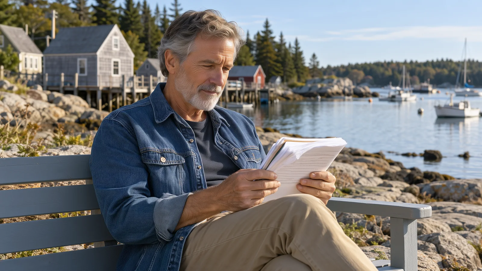 Man reviewing paperwork beside a quiet coastal harbor.