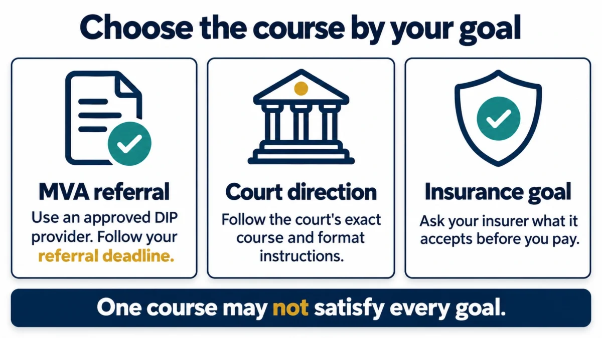 Three Maryland course paths show where to start for an MVA referral, court direction, or insurance goal.