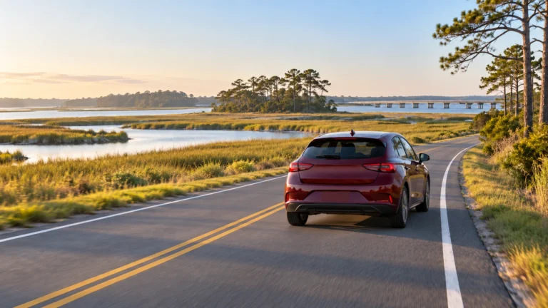Burgundy hatchback driving through Chesapeake marshland on Maryland’s Eastern Shore.