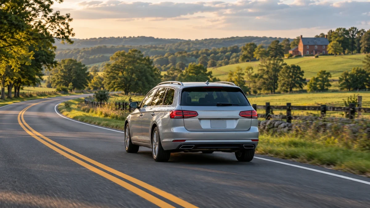 Silver wagon on a winding road through Maryland Piedmont countryside.