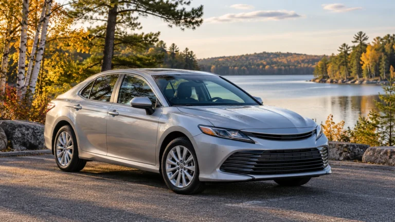 Silver sedan parked beside a calm lake and birch and pine woods in autumn.