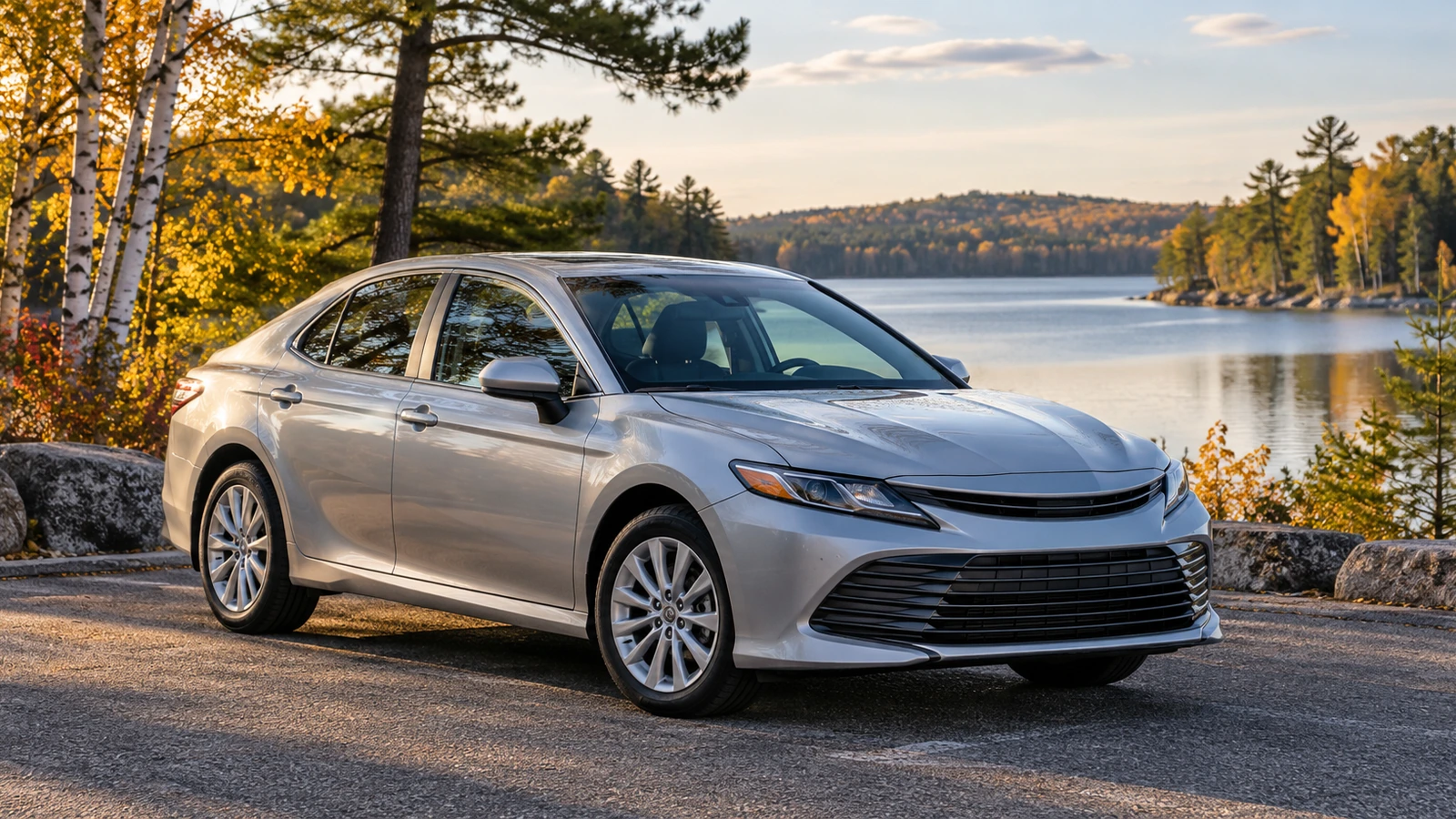 Silver sedan parked beside a calm lake and birch and pine woods in autumn.