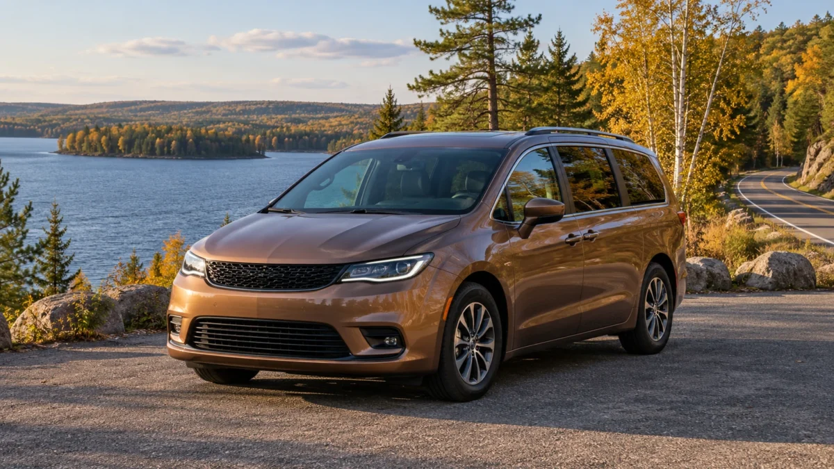 Bronze minivan parked at a lakeside pull-off beside birch and pine woods in autumn.
