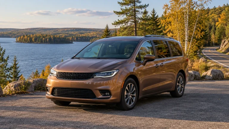 Bronze minivan parked at a lakeside pull-off beside birch and pine woods in autumn.