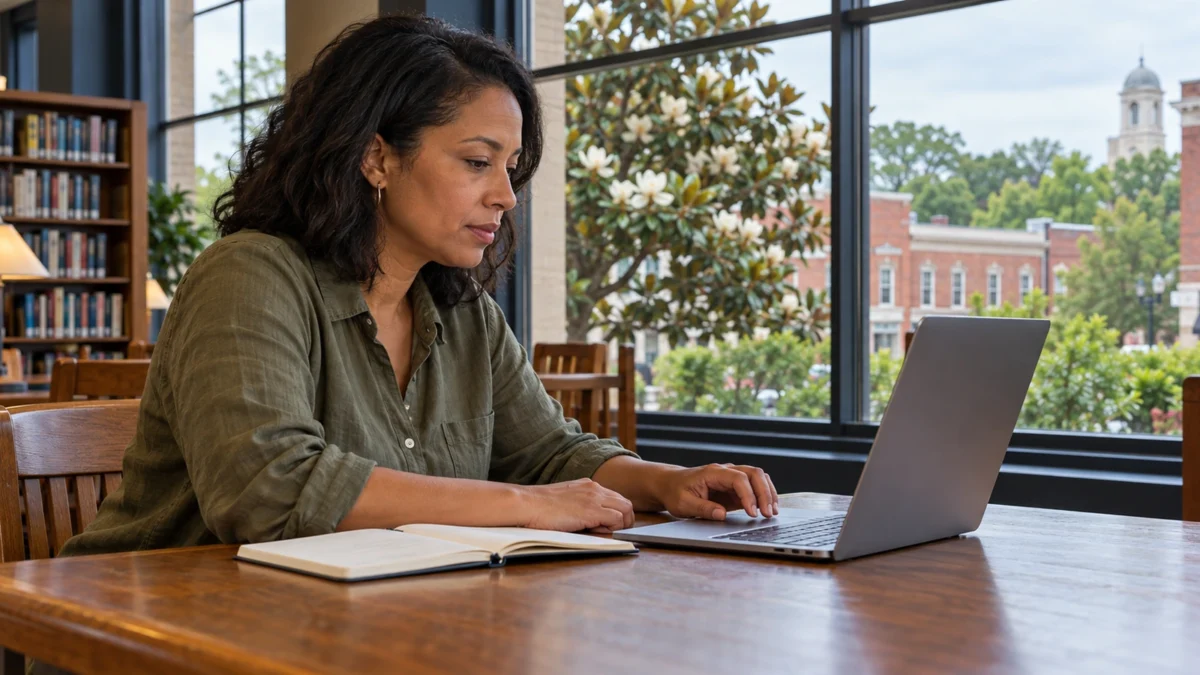Woman using a laptop beside an open notebook at a library study desk.