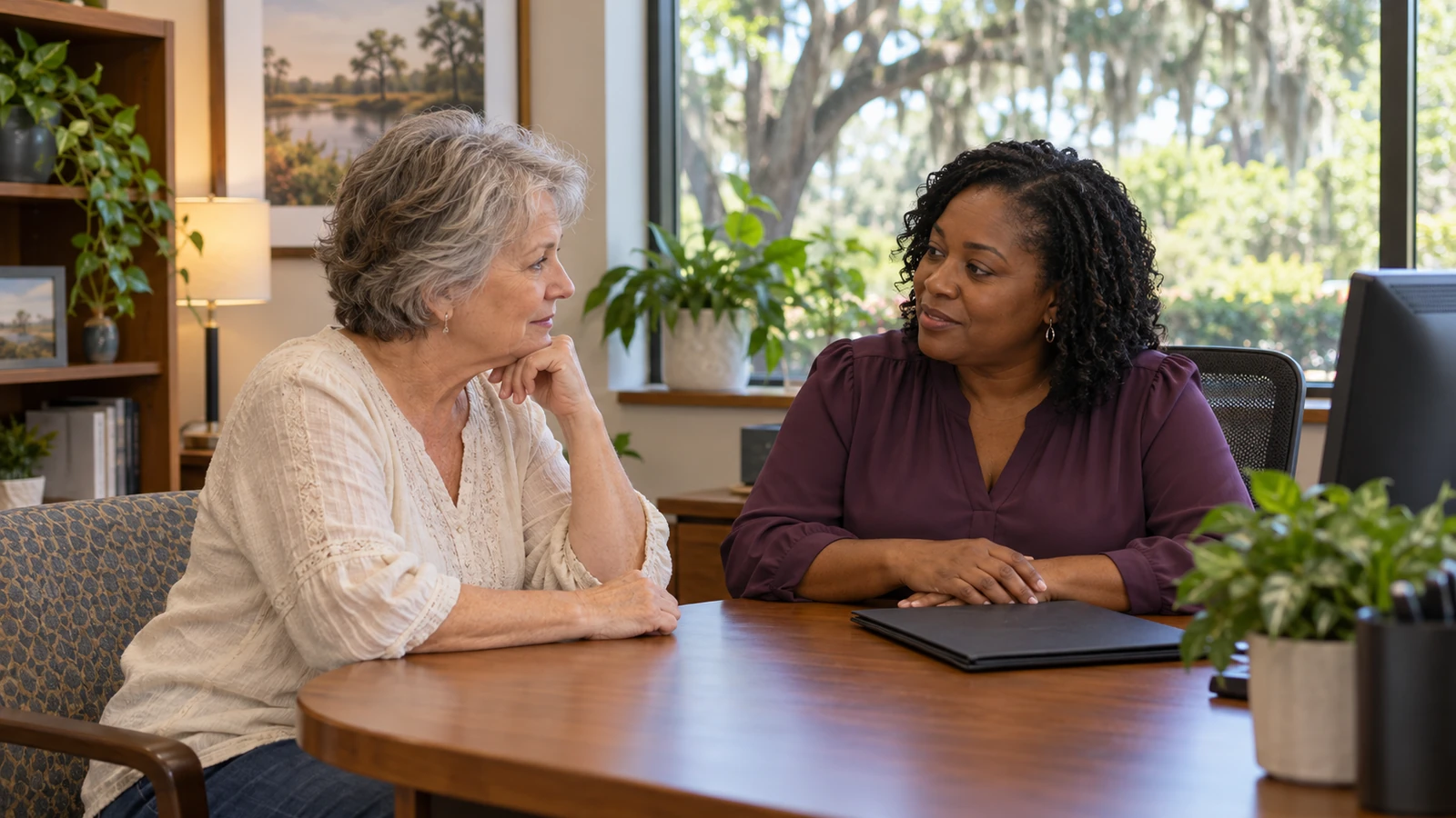 Older woman speaking with an adviser at a desk in an insurance office.