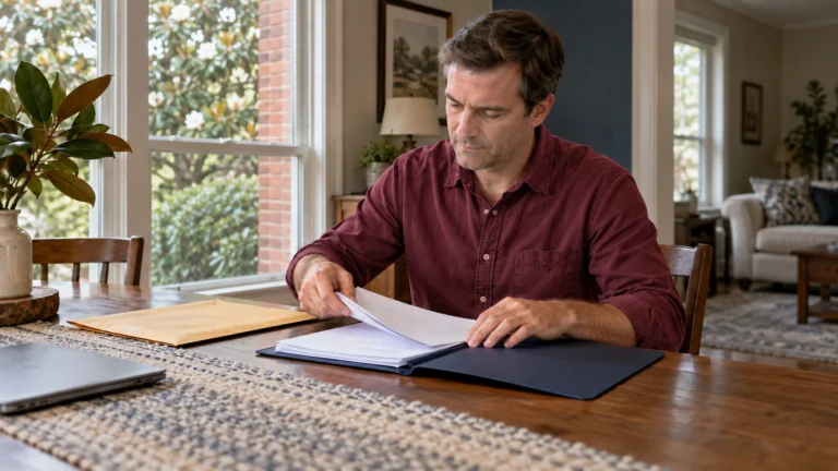 Man organizing papers in a folder at a dining table beside a large envelope.