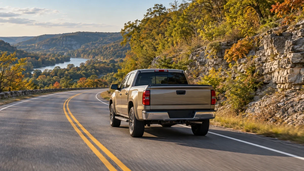Tan pickup traveling on a curving road through Missouri Ozarks hills beside a limestone outcrop.