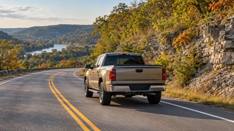 Tan pickup traveling on a curving road through Missouri Ozarks hills beside a limestone outcrop.