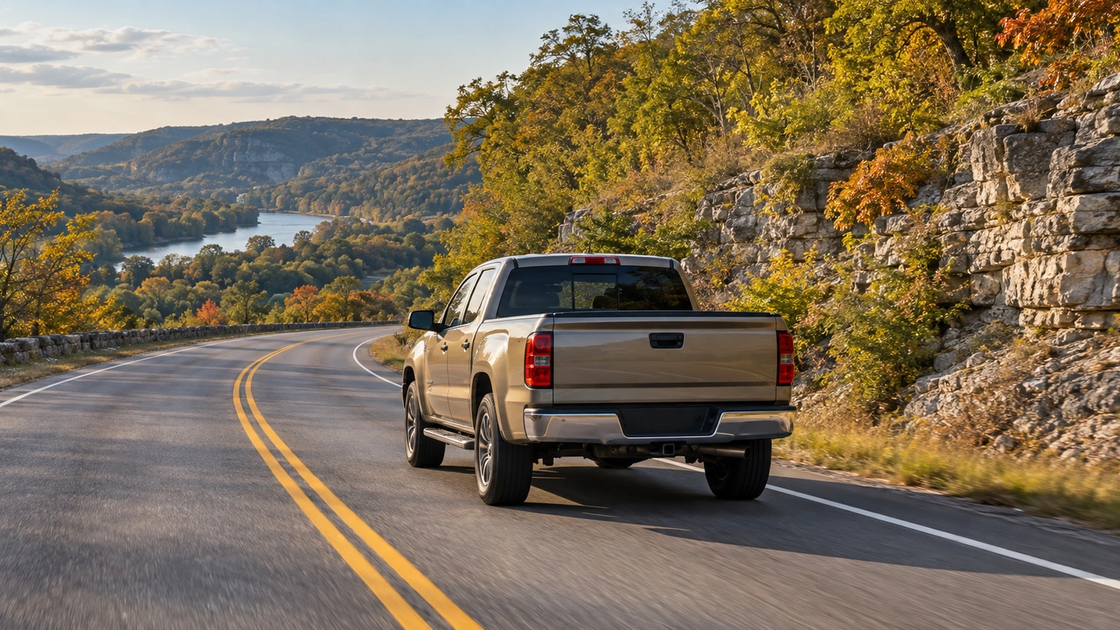 Tan pickup traveling on a curving road through Missouri Ozarks hills beside a limestone outcrop.