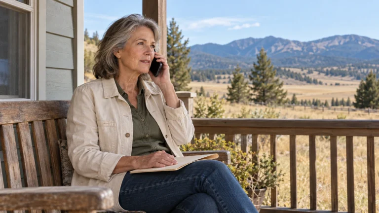 Older woman making a phone call with a folder on her lap on a porch overlooking a mountain valley.