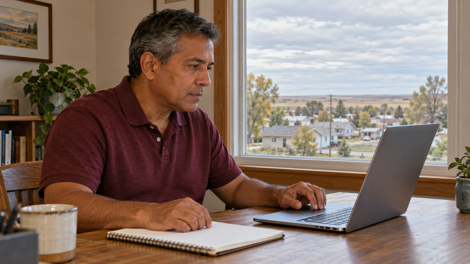 Man reviewing options on a laptop beside a notebook at a home desk.