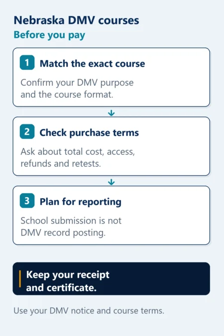 Before paying for a Nebraska DMV course, confirm the purpose and format, ask about total cost, access, refunds and retests, and plan for reporting. School submission differs from DMV record posting. Keep your receipt and certificate.