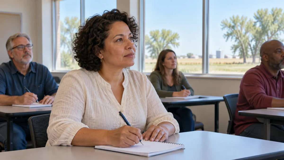 Woman taking notes during an adult classroom course.