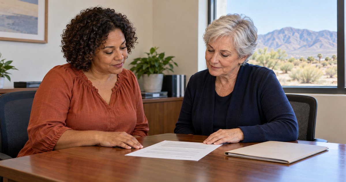 Two women reviewing a document together in an office overlooking desert foothills.