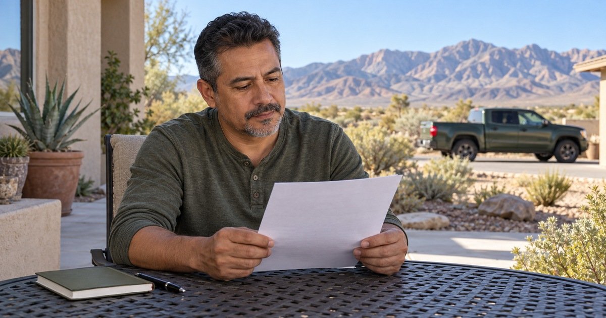 Man reading paperwork at a patio table with desert mountains and a parked pickup in the background.