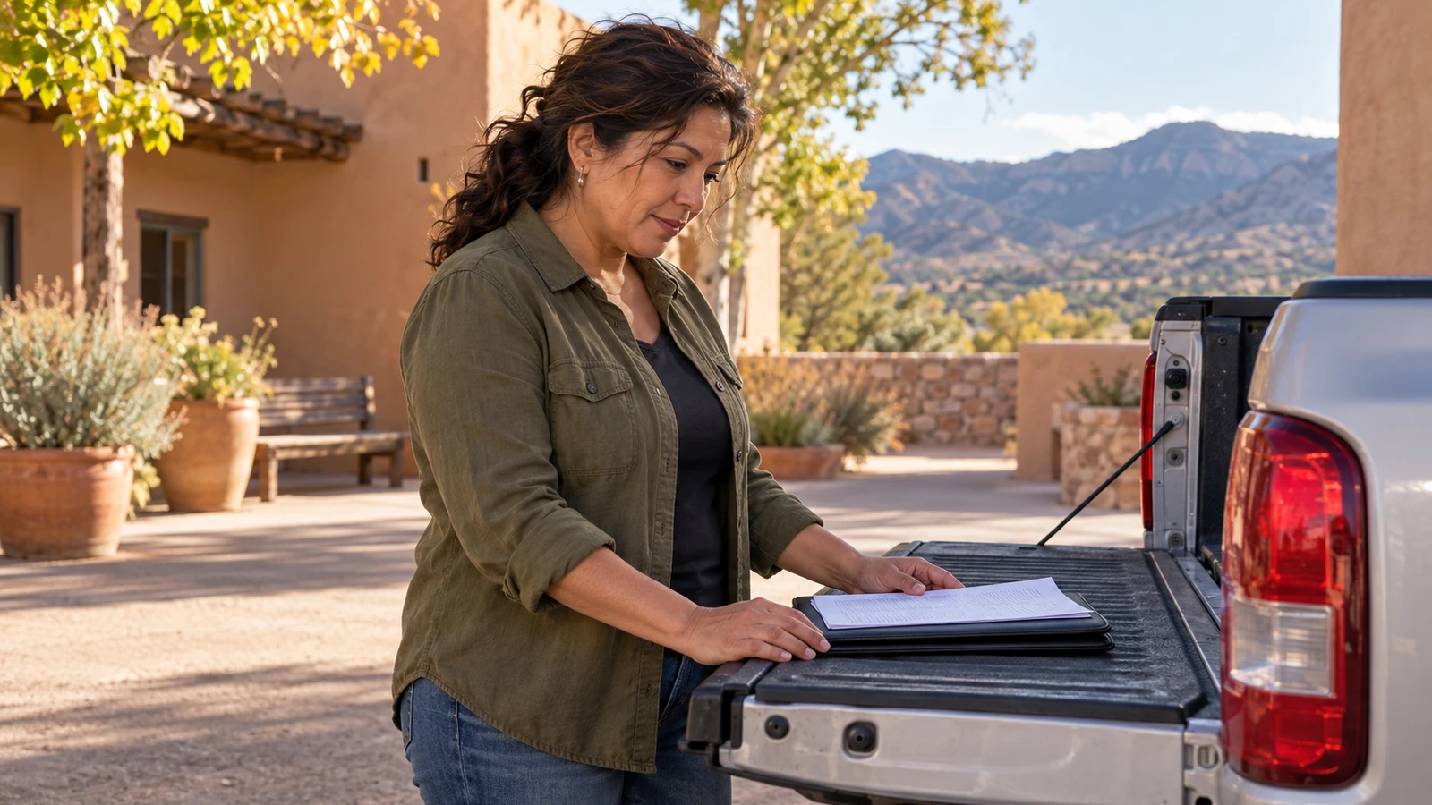 Woman reviewing paperwork beside a parked silver pickup in an adobe courtyard.