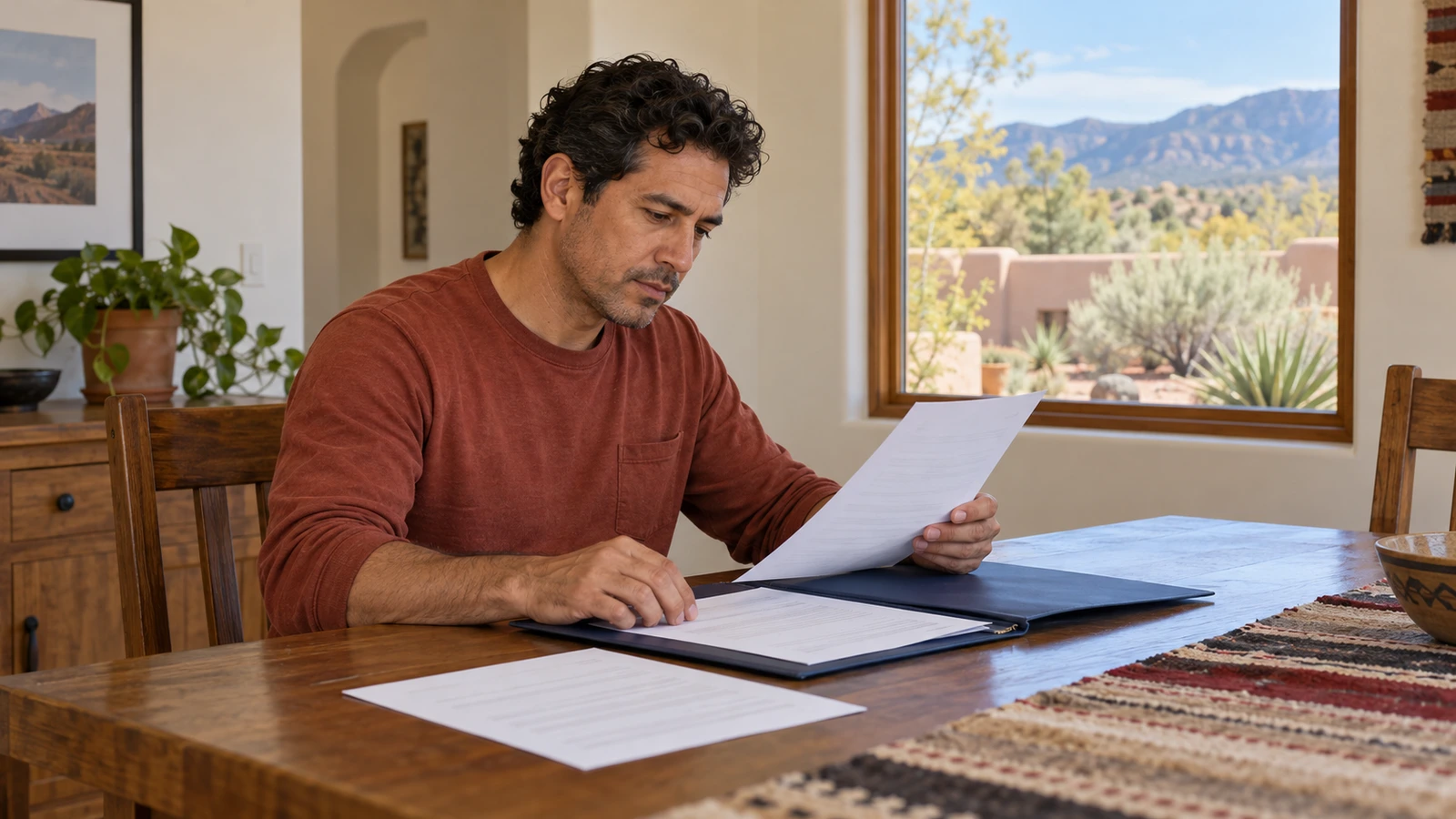 Man reading a sheet while organizing paperwork in a folder at a dining table.